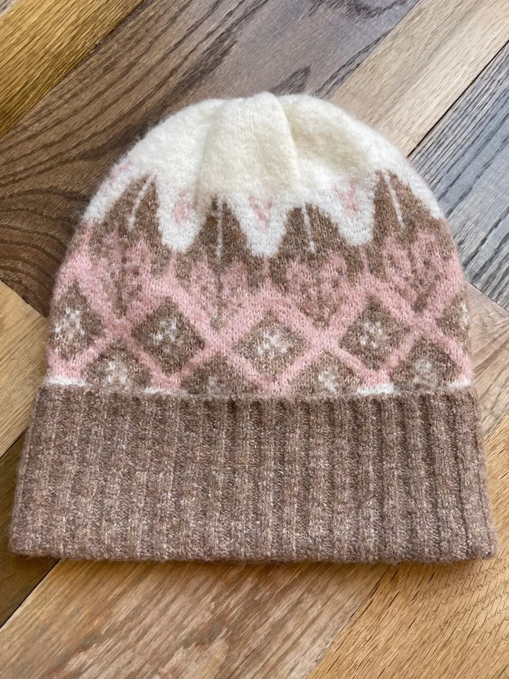 Rachel Zoe Fair Isle Knit Beanie Hat Wool Blend Pink Brown Fuzzy Soft